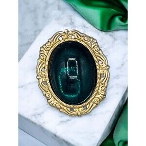 Cabochon Cameo Brooch Vintage Emerald Green Lucite Gold Tone Estate Jewelry Pin
